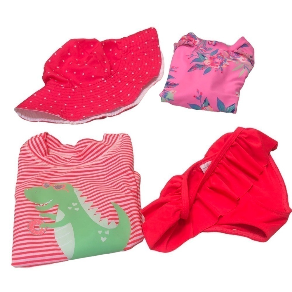 Carter’s Girls 4 Piece Pink Dino Swimsuit Bundle OshKosh Rash Guard & Hat